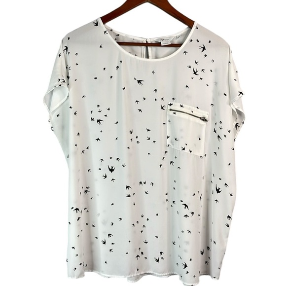 Reitmans The Relaxed Shirt Bird Print White Black Zip Pocket Keyhole Back XXL - Picture 2 of 13